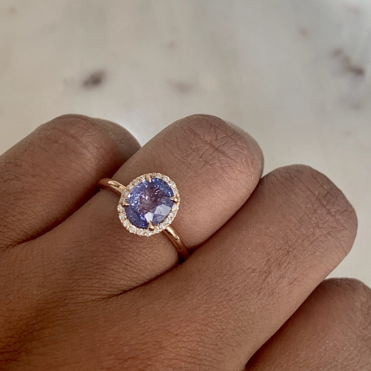 Purple Sapphire Halo Engagement Ring in White Gold - Shown On Hand