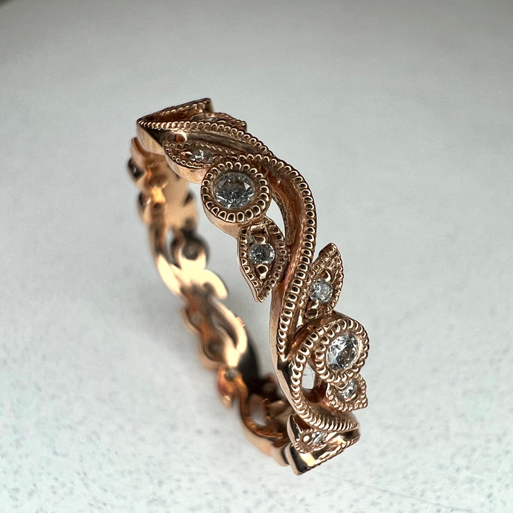 Louise vintage inspired floral wedding band in eternity design with natural conflict free white diamonds and milgrain in 14k rose gold