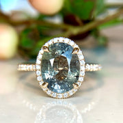 3.68 carat Green Blue Sapphire Halo Engagement Ring in Yellow Gold by Dana Walden Bridal