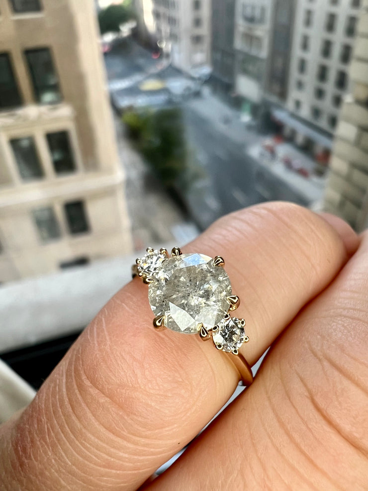 Unique Diamond Engagement Ring - 3 Stone - Luna 1.54 Carat Natural Grey Diamond - Yellow Gold - Salt and Pepper Diamond - Shown On Hand
