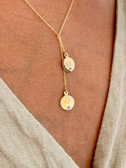 Lariat Initial Necklace in yellow Gold Worn on Neck