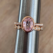 Unique pink sapphire engagement ring set in rose gold- DANA WALDEN BRIDAL.