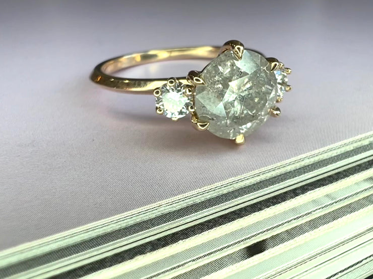 Unique Diamond Engagement Ring - 3 Stone - Luna 1.54 Carat Natural Salt And Pepper Diamond - Yellow Gold