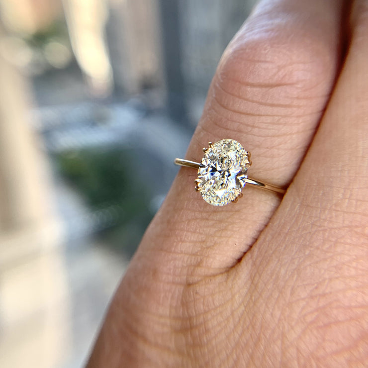 On hand- Jessa oval lab diamond solitaire engagement ring by DANA WALDEN BRIDAL.
