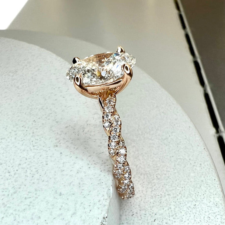 Suzette 1.47 carat lab grown oval diamond engagement ring in 18k rose gold with micropave diamonds from side profile