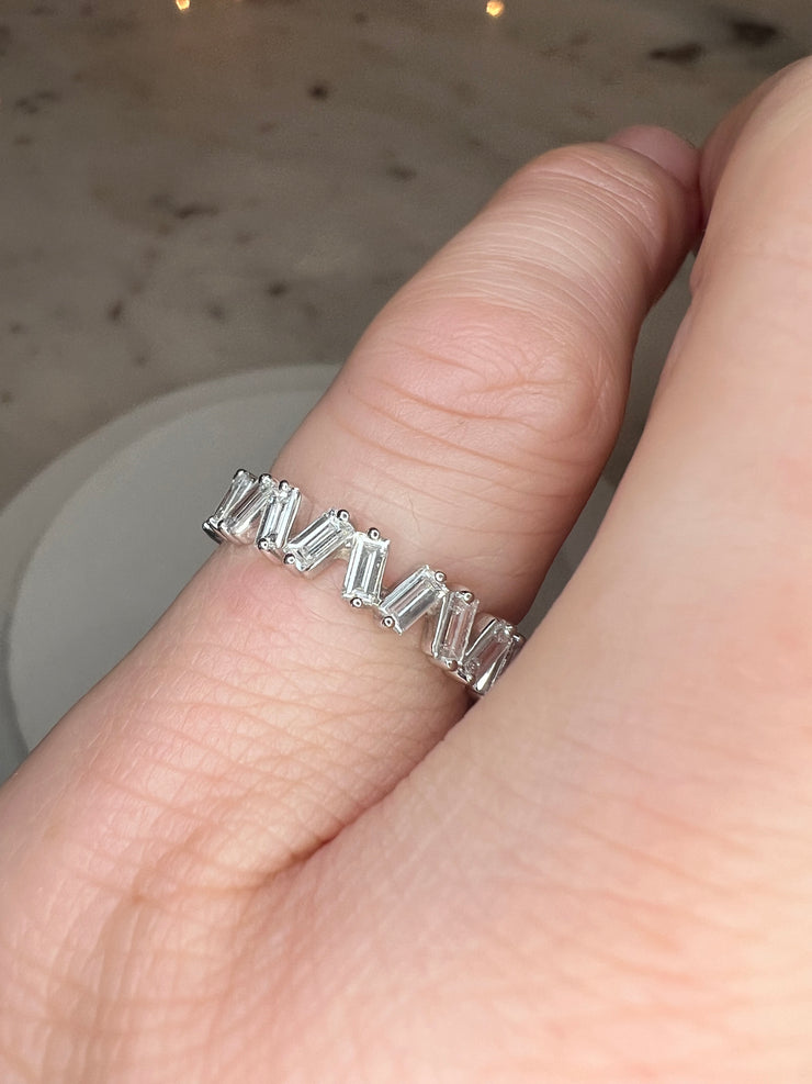 Anna diamond baguette eternity band on hand with staggered unique diamonds in 14k white gold