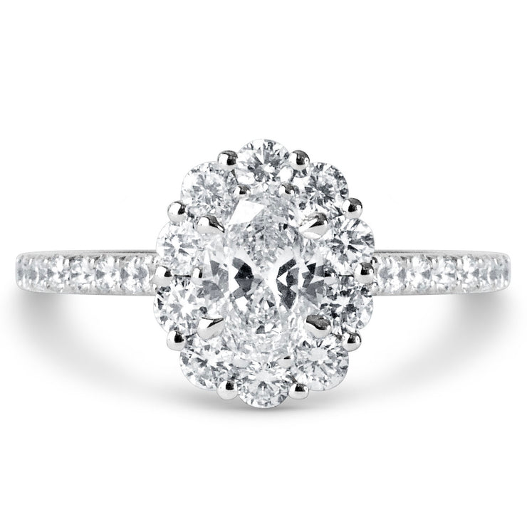 Lab created diamond engagement ring with  lab-created diamond halo set in white gold.