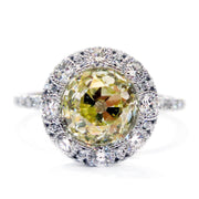 Old mine yellow diamond  with white diamond halo. DANA WALDEN BRIDAL NYC.