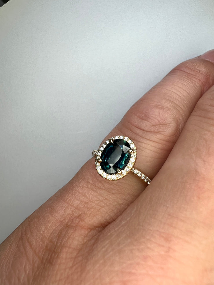 Unqiue Lyna 1.45 Carat Natural Teal Sapphire Engagement Ring Shown on Hand