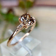 Side View Champagne diamond engagement ring with baguette side stones in rose gold by Dana Walden Bridal NYC