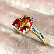 Orange sapphire, ruby, and diamond cluster engagement ring by Dana Walden Bridal NYC, side profile