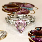 Lavender sapphire pear shaped engagement ring with micro pave diamond band- DANA WALDEN BRIDAL.