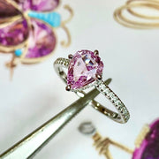 Lavender sapphire pear shaped engagement ring with micro pave diamond band- DANA WALDEN BRIDAL.