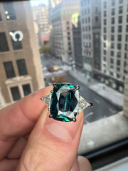 Natural Teal 5.11 Carat Sapphire 3 Stone Engagement Ring In Platinum with Triangle Natural Diamond Accents - Side View