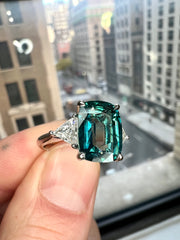 Natural Teal 5.11 Carat Sapphire 3 Stone Engagement Ring In Platinum with Triangle Natural Diamond Accents - Side View