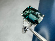 Natural Teal 5.11 Carat Sapphire 3 Stone Engagement Ring In Platinum with Triangle Natural Diamond Accents - Side View