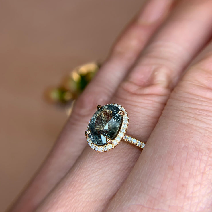 3.68 carat Green Blue Sapphire and Diamond Halo on the Hand by Dana Walden Bridal NYC