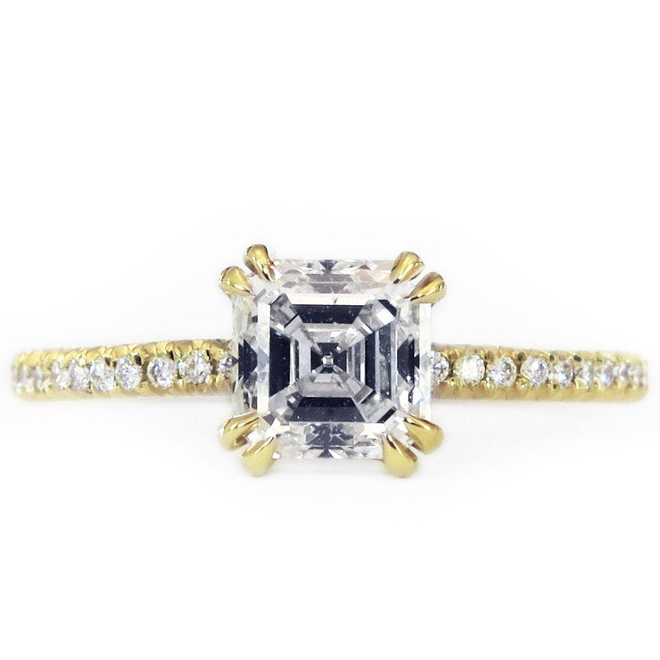 Handmade Asscher cut square engagement ring with seamless micro pave. Dana Walden Bridal.