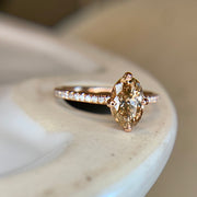 1.1ct Oval Champagne Diamond with NSEW Compass Prongs and Skinny Micro-pave diamond band in rose gold by Dana Walden Bridal