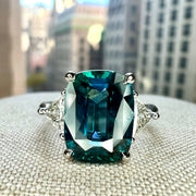 Natural Teal 5.11 Carat Sapphire 3 Stone Engagement Ring In Platinum with Triangle Natural Diamond Accents