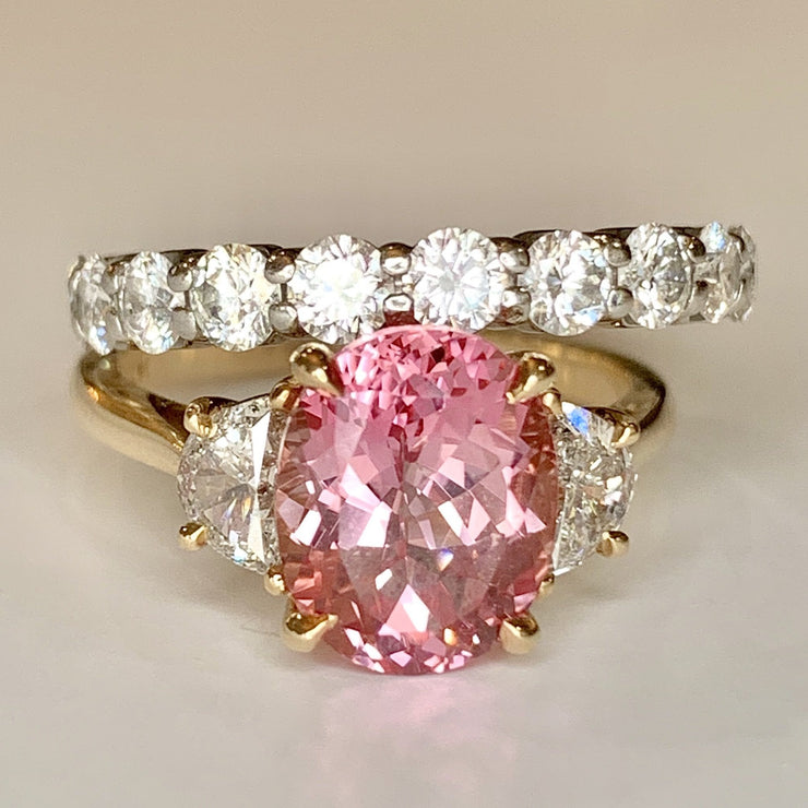 Unique padparadscha pink sapphire engagement ring by DANA WALDEN BRIDAL.