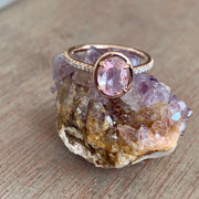 Unique pink sapphire engagement ring set in rose gold- DANA WALDEN BRIDAL.