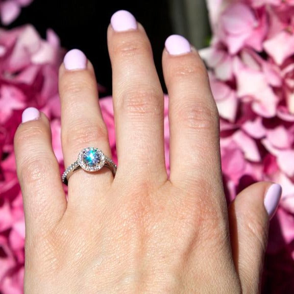 Lenore rose gold and platinum diamond halo on hand