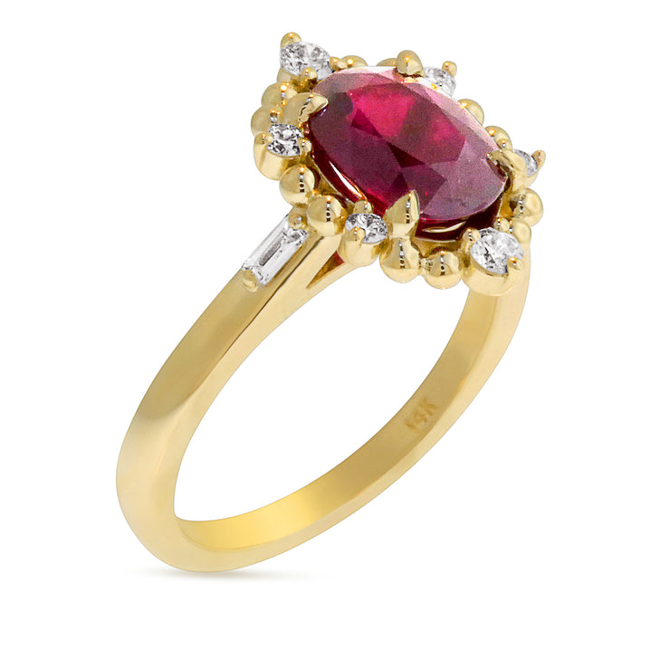 Handmade ruby ring with gold bead and diamond halo. DANA WALDEN BRIDAL, NYC.